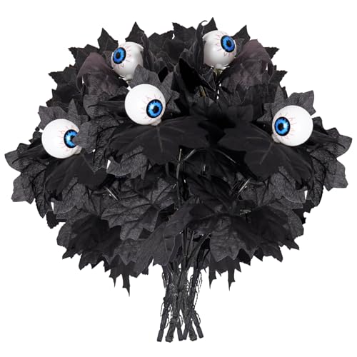 Recutms 6Pack Black Artificial Maple Leaf With Eyes, Autumn Fake Shrubs Silk Maple Leaf Bushes Fall Leaves Stem Autumn Faux Plants,Autumn Floral Branch For Diy Arrangement Decor For Halloween Decor cover