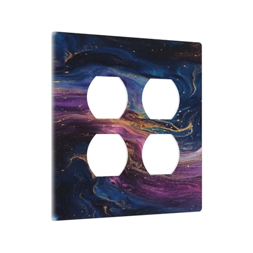 Decorative Outlet Covers Abstract Purple Blue Gold Marble Texture 2 Gang Wall Plate Cover Double Duplex Two Switch Light Switch Cover Plate Jumbo Dual Faceplate for Bathroom Decor