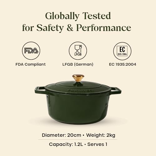 Image of CUMIN CO. Cast Iron Dutch Oven 1.2L, 16 cm | Induction Base Cookware | 10 Years Warranty | Non Toxic Non Stick Biryani Pot with Lid | Heavy Bottom | Chemical Free Coating | Free Accessories | Green