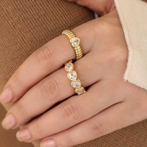 Sparkle Diamond Heart Open Statement Ring 14k Gold Plated Cubic Zirconia Love Hearts Expandable Stacking Knuckle Finger Bands Wedding Engagement Promise Eternity Adjustable Rings Dainty Valentine's3