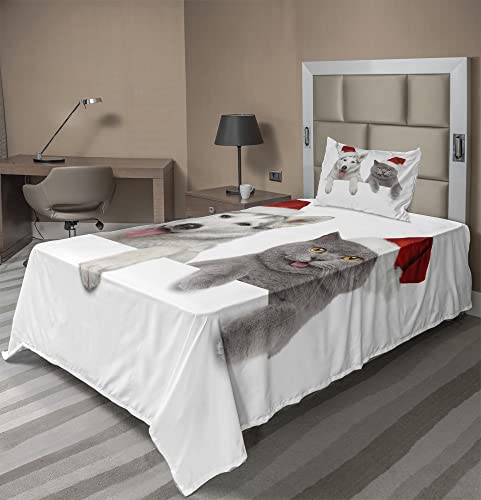 Ambesonne Christmas Sheet Set, Dog and Cat in Santa Hats Funny Puppy and Kitty Domestic Pet Animal, Fitted and Flat Sheet with Pillowcase Bedding Accent 3 Piece Set, Twin, White Grey