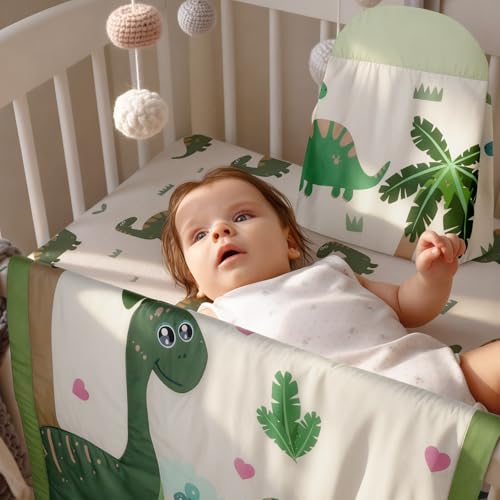 Image of Oudain 4 Piece Dinosaurs Crib Bedding Set Including Green Blue Dinosaurs Crib Skirt, Blanket, Sheet and Diaper Stacker, Soft Nursery Standard Size Baby Bedding for Baby Girls and Boys