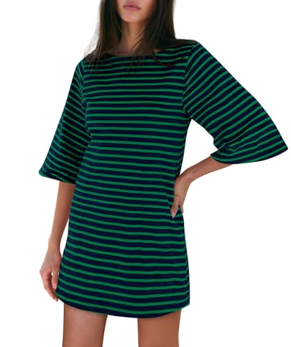 Image of Yousify Women's T Shirt Dress Cotton Summer Dresses 2026 Casual Loose Short Sleeve Striped Mini Dress with Pockets