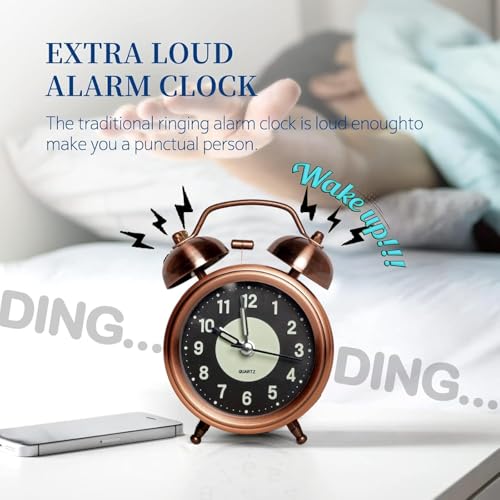 Image of HOME SKILL Alarm Clock for Heavy Sleepers Loud Clock for Adults, Table Clock with Backlight Alarm Clocks for Students Decoration Bedroom /Office (Copper Luminous)