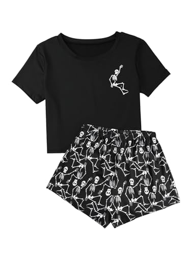 WDIRARA Womens Skull Print 2 Piece Pajama Set Short Sleeve Sleepwear Shorts Pjs Set Black Small