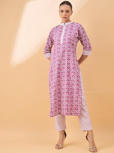 Image of Winza Designer Geometric Printed Pink Cotton Kurta Sets for Woman | Kurtasets | Kurti with Pant Co Ord Set for Women | Kurtas Kurtis | Cordset | Coordset