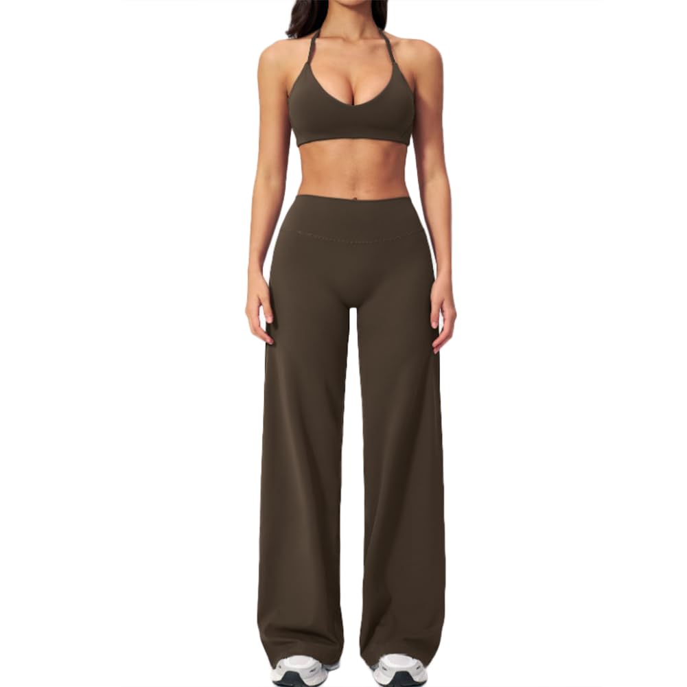 XYFfybhsd Women 2Pcs Casual Yoga Suit Straight Leg Wide Leg Pants Halter Neck Workout Bras Sports Fitness Set(Size:S,Color:Brown)