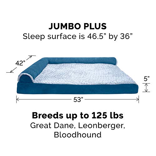 Image of Furhaven Cooling Gel Dog Bed for Large Dogs w / Removable Bolsters & Washable Cover, For Dogs Up to 125 lbs - Two-Tone Plush Faux Fur & Suede L Shaped Chaise - Marine Blue, Jumbo Plus /XXL
