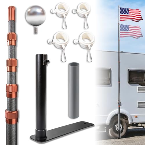 Tailgate Flag Pole and Base Kit Tailgating Flag Pole with Tire Mount/Stand 20ft Carbon Fiber Telescopic RV Flagpole Kit with Anti-Break Tube for Camping Tailgate Parties and Outdoor Activities