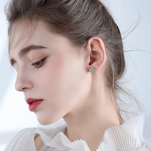 Dainty Four Leaf Clover Small Stud Earrings 925 Sterling Silver Pin Green Enamel Love Heart Good Luck Flower Cartilage Hypoallergenic Piercing Studs Earring Cute St.Patrick's Day Jewelry Gifts2