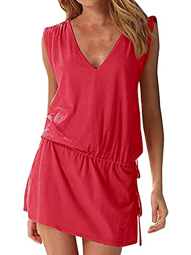 Hount Womens Summer Casual Bathing Suit Cover Up Mini Dress with High Waist(Red, Medium)