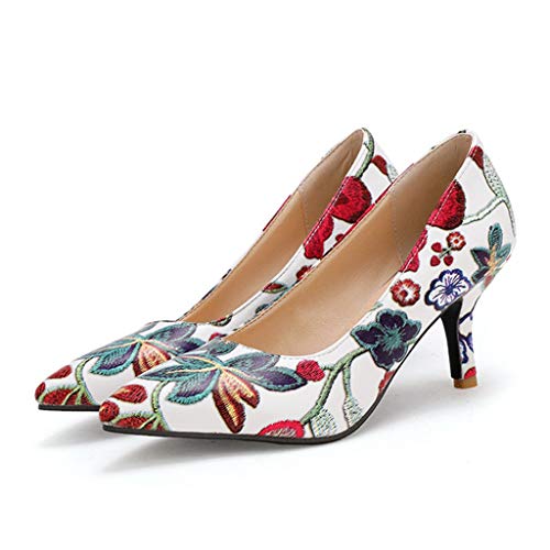 MIOKE Women's Retro Embroidered Flowers Kitten Heel Pumps Pointed Toe Slip On Stiletto Elegant Dress Shoes2