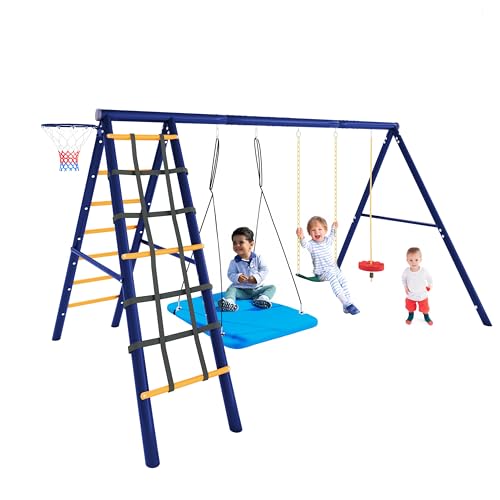 Juego de columpio para exteriores con estructura de escalada y canasta de baloncesto, 3 columpios (columpio de platos, columpio de correa, columpio de cuerda de escalada), estructura de metal para