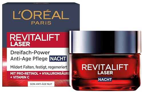 L'Oréal Paris Anti-Aging-Nachtcreme mit Dreifachpower für Frauen: mildert Falten & strafft die Haut, mit Pro-Retinol, Hyaluronsäure und Vitamin C, RevitaLift Laser, 1x 50ml