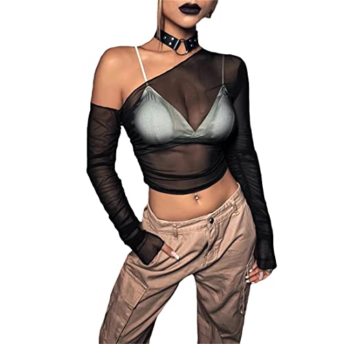 LOFAAC Women Sexy Mesh Sheer See Through Long Sleeve Crop Tops Slim Fit Ruched Off Shoulder Crop Blouse Tee Top Clubwear
