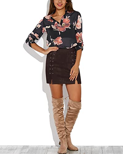 Image of MANGOPOP Women's Classic High Waist Lace Up Bodycon Faux Suede A Line Mini Pencil Skirt (Coffee, Small)