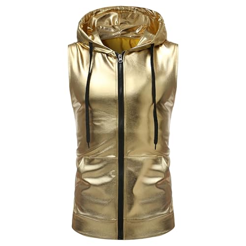 Chaleco sin mangas con capucha para hombre, metálico, brillante, con cremallera, bolsillo canguro, ligero, casual, ropa de calle, dorado, XXL