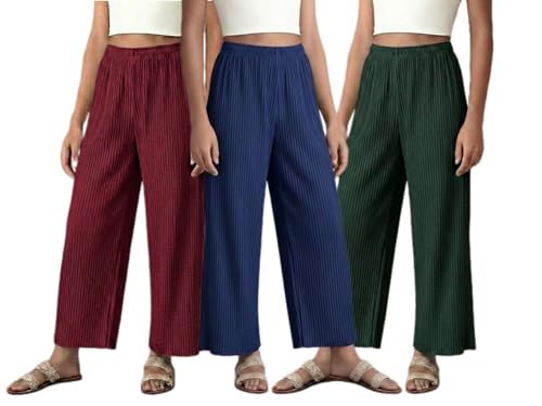 Image of Set of Combo Trouser and Pants for Girls and Women's Relaxed Fit Stretchable Regular Fit Palazzos Lightweight Elastic Waistband Bottoms for Daliy Office & Casual Wear