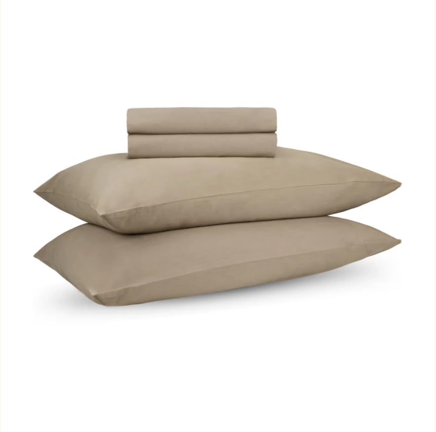 Image of Riverbed Brown Queen Fitted Percale Temperature Regulating Bedsheet Set - 100% Cotton, Soft Fitted Bedsheet 80x60 in + Pillow Covers 18x27 in, Lightweight Bed Linen for All Seasons