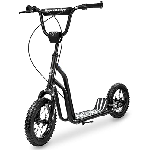 HyperMotion Trottinette Enfant Viva 12 - Cadre Acier, 2 Freins, Hauteur Réglable 78-85cm, Roues Gonflables 30cm, pour Enfants et Ados jusqu'à 50kg - Noire
