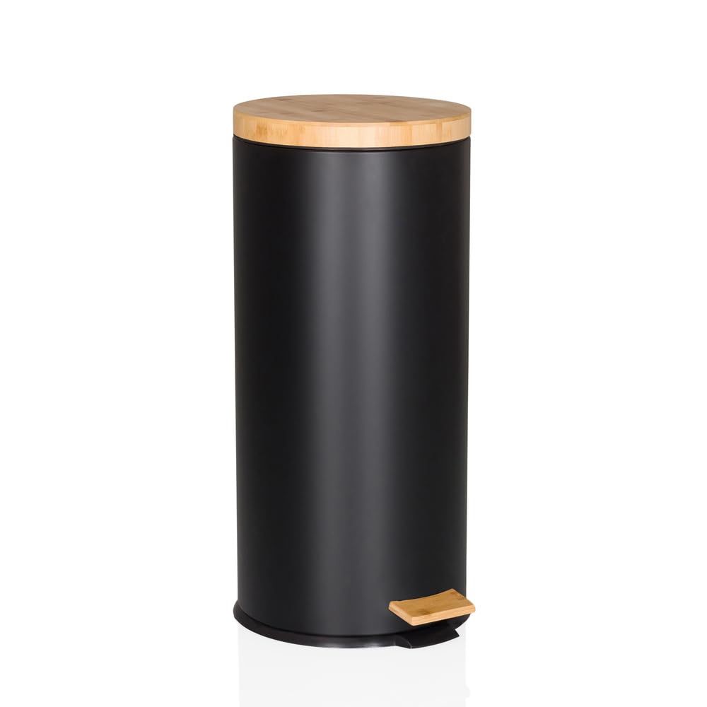 hjh OFFICE Mülleimer 30 Liter, Treteimer mit Bambus-Deckel, Softclose CLEAN BAMBOO Metall Abfalleimer mit Inneneimer, Schwarz Matt