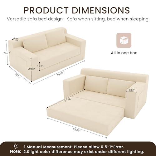 GRUSIGN 71" Boneless Loveseat Couch,Chenille Pullout Futon Couch,4 in 1 Folding 3 Seater Sofa Bed for Living Room,Boneless Cloud Couch with Storage Pocket & 2 Pillows,Beige - Image 3
