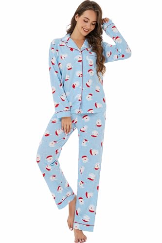 Image of LUBOT Christmas Pajamas for Women 100% Cotton Pajama 2 Piece PJ Set Soft Long Sleeve Button Xmas Print Loungewear XS-XXL
