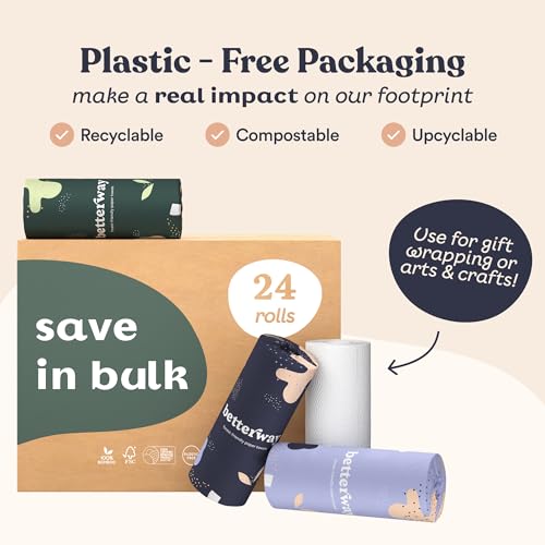 Image of Betterway Bamboo Paper Towels - 24 Rolls, 2 Ply - Plastic Free, Disposable Kitchen Paper Towels - Select Size, Tree Free, Compostable, Strong & Absorbent