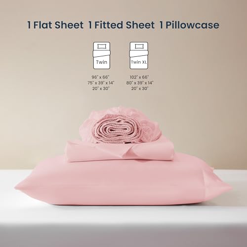 SLEEP ZONE Nanotex Super Soft Cooling Twin Bed Sheets Set for Kids 3 Piece - Easy Care Fitted Flat Sheet & Pillowcase Sets - Wrinkle Free, Fade Resistant, Deep Pocket 16" (Ballet Pink, Twin)