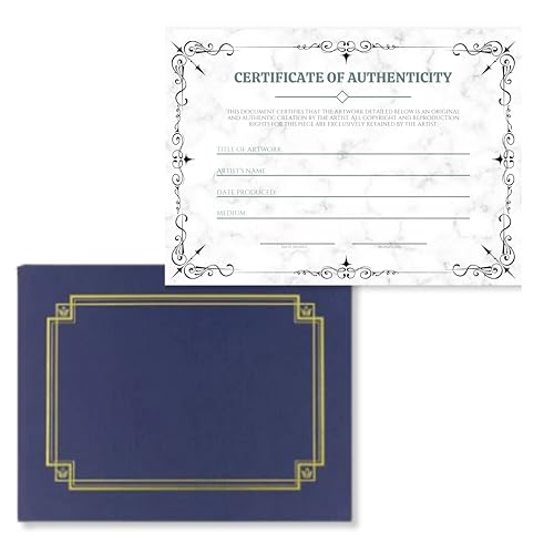 J&J'S TOYSCAPE Certificate of Authenticity for Artwork, 8.5 x 11 Inch Premium Certificate with Luxury Navy Presentation Folder, Perfect for Valuations, Gifts, Collectibles and Art