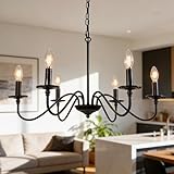 Phaosio Rustic Farmhouse Candle Chandelier for Dining Room, 6-Light Rustic Black Iron Light Fixture with Classic S-Arm Design for Kitchen Island, Living Room, Foyer-Matte Black