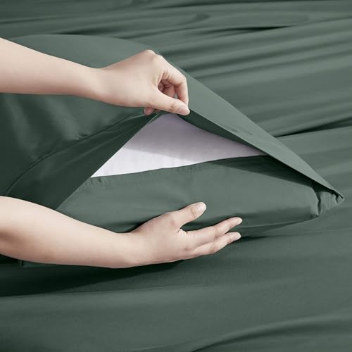Image of Nestl Extra Deep Split King Sheet Set - 7 Piece Breathable & Cooling Sheets - Hotel Luxury Bedding Set w /18-24 Inch Deep Pockets - Easy & Secure Fit - Super Soft, Wrinkle Free & Comfy - Dark Green