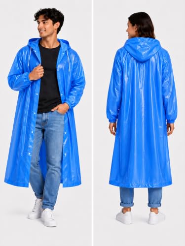 Image of Hooded Waterproof Men's & Women's Raincoat, Lightweight Long Rain Jacket, Button Front, Windproof Outdoor Rainwear | Free Size |