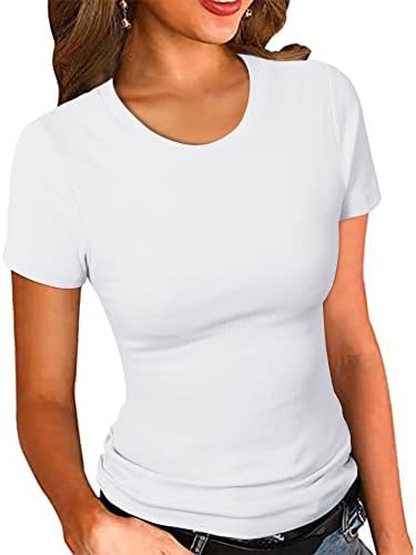 PALINDA Women's Crew Neck Ribbed Fitted Shirt Basic Short Sleeves Summer T Shirt Tops