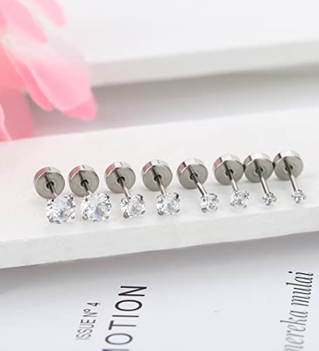 Mjust 4 Pairs Titanium Earrings For Women 20G Cartilage Earrings Stud Hypoallergenic Cubic Zirconia Barbell Earring Set Silver #TOP3