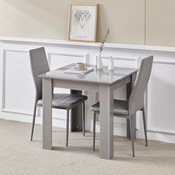 NICEME 75x75cm Square Dining Table and Chairs Set, Modern Grey Faux Leather and Glass/Plastic Dining Set