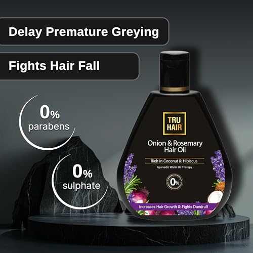 Image of TRU HAIR & SKIN Onion & Rosemary Hair Oil with Free Heater | Fights hair fall & promotes hair growth -50 ml | 100% pure and natural