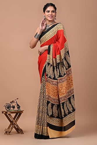 Image of Crafts Moda Pure Cotton Floral Print Saree with Blouse for Women