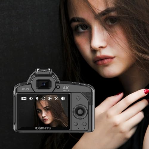 4K Digital Camera for Photography, 64MP Cameras for Photography with WiFi, 16X Zoom Vlogging Camera for YouTube Video with Front and Rear Lens, Flash, Lens Hood, 32GB Card, Black