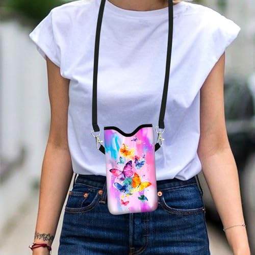 Image of Neoprene Cell Phone Sleeve Pouch Case Bag with Crossbody Strap Neck Lanyard for Women 7.1 X 3.9 in Tie Dye Butterfly