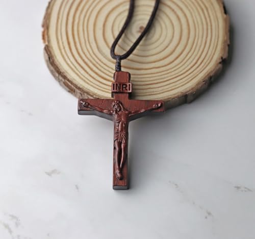 Natural Wooden Crucifix Cross Necklace for Men - Handmade Adjustable Rope Chain with Large Religious Pendant, Catholic Christian Spiritual Jewelry Gifts2