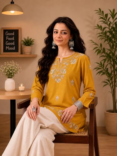 Image of QAZMI Women's Zayesha Aari Embroidered Viscose Rayon A-Line Flared Short Kurti