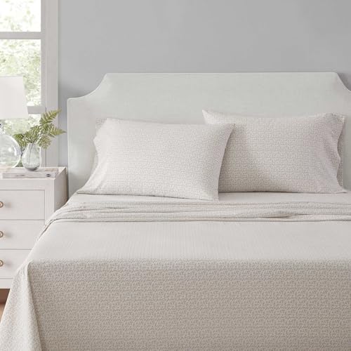 Image of Martha Stewart - King Size Sheets Set, Crisp & Tailored Cooling Sheets w /a Naturally Smooth Cotton Percale Lightweight Feel - Bed Sheets with Matching Pillowcases & Fitted Sheet (Leaves Beige)
