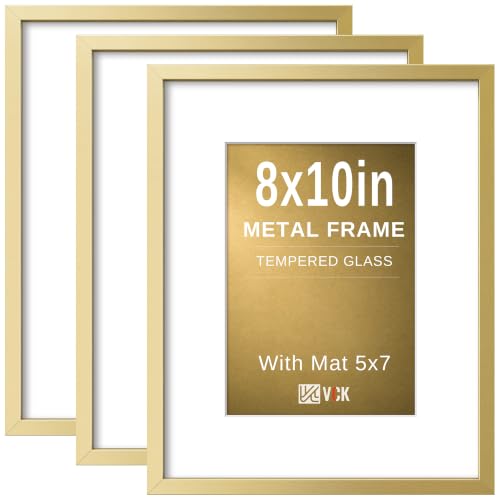 Image of VCK 8x10 Picture Frame Gold Metal, Real Glass, 5x7 Mat, 3 Pack, for Print