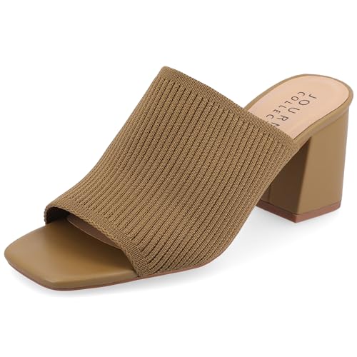 Journee Square Open Toe Chunky Block Heel Knit Slip-On Pump for Women - Lorenna Heeled Fashion Mule Olive, 7.5