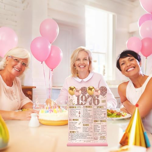Image of Guiruiy Pink Rose Gold 50th Birthday Decorations for Women, Two-Sided Vintage 50 Back in 1976 Theme Poster Wooden Table Sign with Stand, Fifty Years Old Bday Centerpieces Holder for Table Decor