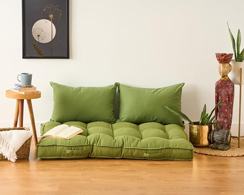 Image of SKANDA FAB Low Seating Cushion -100% Cotton Twill, Hand-Plotted Microfiber Filling, Floor Cushion with 2 Back Support Cushions - Ideal for Living Room, Balcony, Lounge- 80x120 Light Green (Pack of 1)