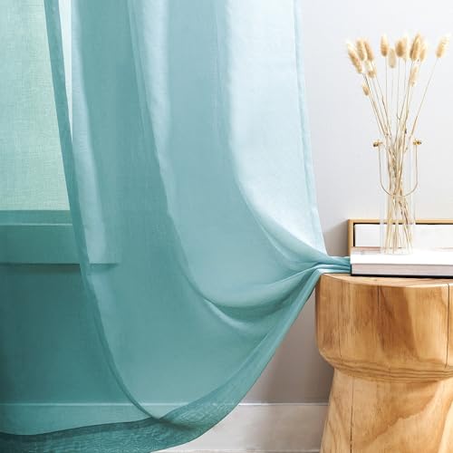 Image of MYSTIC-HOME Sheer Curtains 45 Inch Length, Rod Pocket Voile Drapes for Living Room, Bedroom, Window Treatments Semi Crinkle Curtain Panels for Yard, Patio, Villa, Set of 2, 52 inchx 45 inch, Grey Teal