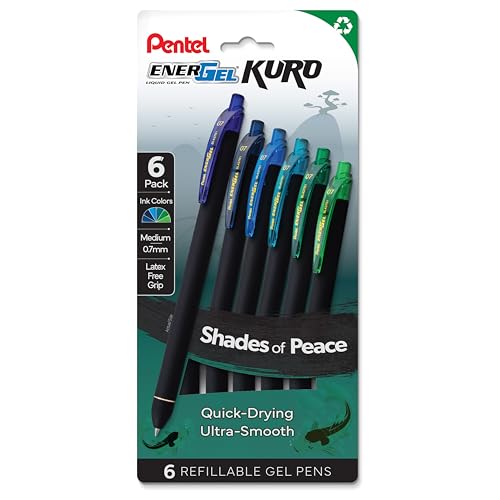 Stylos gel Pentel EnerGel Kuro BL437 paquet de 6 couleurs assorties pour ecriture fluide