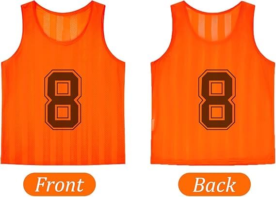 Malloom 24 Stück Fußball Leibchen für Kinde, Grün & Orange Mesh Sport Trainingsleibchen, Wendbare Nummerierte Trainingswesten für Fussball Volleyball Basketball Teamtraining